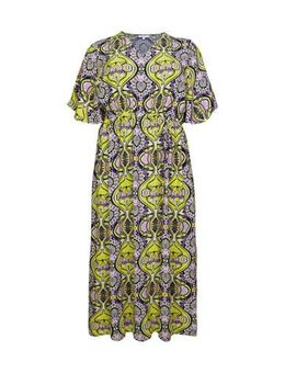 Maxi A-lijn jurk met all over print lila/geel