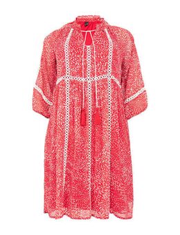 A-lijn jurk met stippen en borduursels rood/wit