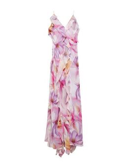 Gebloemde maxi jurk met open rug paars/roze/ecru