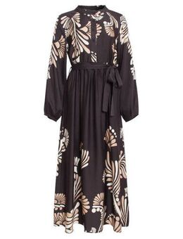 Maxi blousejurk met grafische print en ceintuur zwart/zand