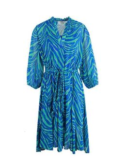 Semi-transparante jurk Millie met dierenprint en ceintuur blauw/groen