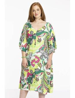A-lijn jurk met all over print groen/lime/roze
