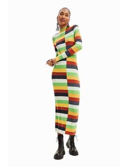 Ribgebreide bodycon jurk streep groen/geel/donkerblauw