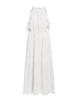 Halter maxi jurk met bladprint en borduursels ecru