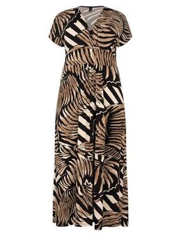Maxi jurk met bladprint ecru/ zwart/ wit