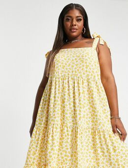 New Look Curve – Gestuftes Minikleid mit gebundenen Trägern und Blumenmuster in Gelb