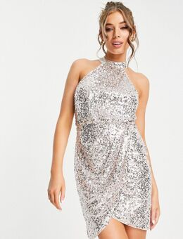 – Neckholder-Kleid mit Pailletten in Silber