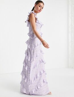 – Cecile – Midaxi-Kleid mit eckigem Ausschnitt, Rüschen und abstraktem Muster in Flieder-Lila