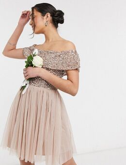 – Bridesmaid – Minikleid aus Tüll mit Carmenausschnitt mit filigranen, farblich passenden Pailletten in Helltaupe-Rosa