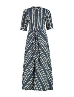 A-lijn jurk met all over print en ceintuur donkerblauw/wit
