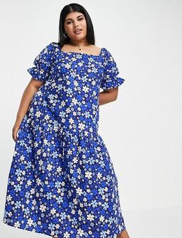 Puff sleeve midi dress in blue floral