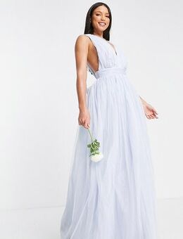 ASOS DESIGN Tall tulle plunge maxi dress dress with bow back detail in powder blue