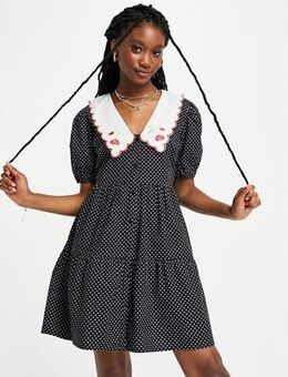 Shirt dress with embroidered collar-Black