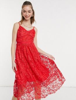 Mixed lace midi dress in Red
