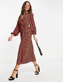 Midi wrap dress in red rose floral