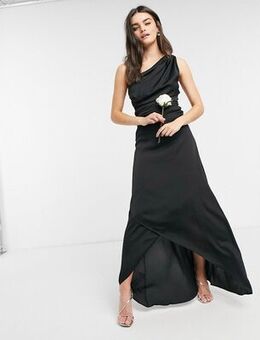 Bridesmaid one shoulder maxi dress in black-Brown