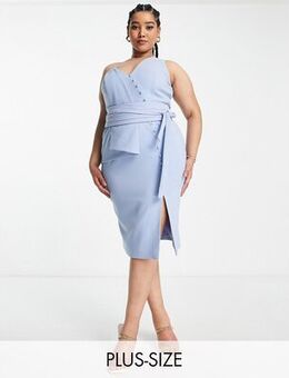 One shoulder midi dress with waist tie in blue