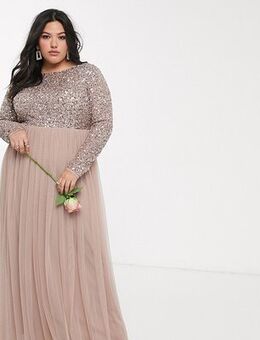 Bridesmaid long sleeve v back maxi tulle dress with tonal delicate sequin overlay in taupe blush-Brown