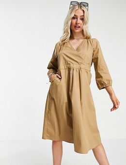 Y.A.S. Petite wrap midi smock dress in tan-Brown