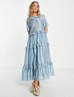 Tiered smock shirt dress in baby blue