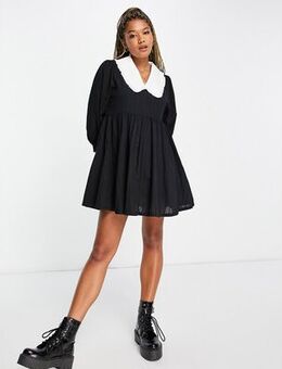 Long sleeve mini smock dress with contrast collar-Black