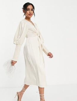 Exclusive plunge tie front midi dress in oyster-White