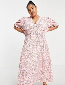 Midi tea dress with v neck in pink floral print