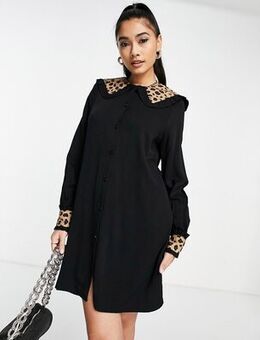 Contrast leopard collar mini dress in black
