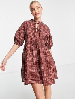 Cotton poplin mini dress in brown polka dot