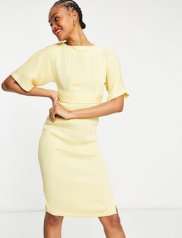 Ribbed pencil work midi dress with tie back in lemon-Yellow