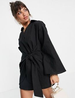 Twist front shirt mini dress in black