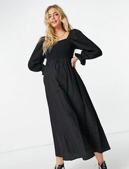 Shirred textured midi dress in black