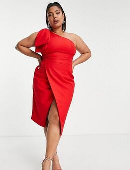 Bow shoulder wrap midi dress in red