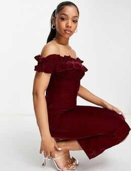 Bardot velvet midi dress in burgundy-Red