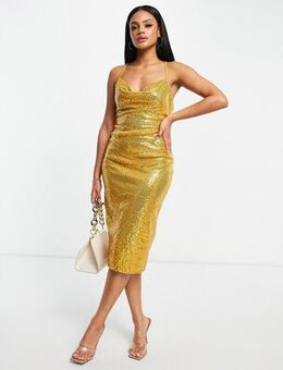 Cowl neck sequin midi dress in gold