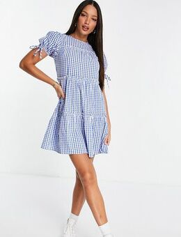 Tiered gingham mini dress in blue