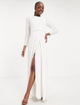 Embellished long sleeve maxi dress with slit in white