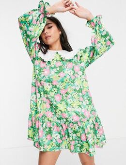 Mini smock dress with bib collar in green base painted floral-Multi