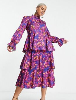 High neck midi dress with ruffles in dark floral-Multi