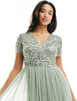Bridesmaid short sleeve maxi tulle dress with tonal delicate sequins in sage green
