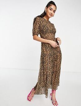 Lucia sheer midaxi dress in leopard print-Brown