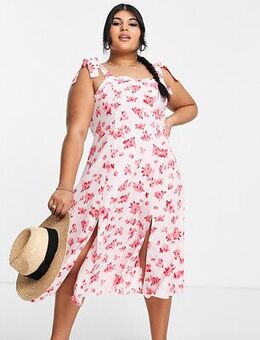 Smudge floral shirred detail midi dress in pink