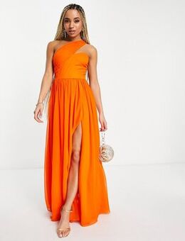 Wrap over shoulder pleated maxi dress in orange