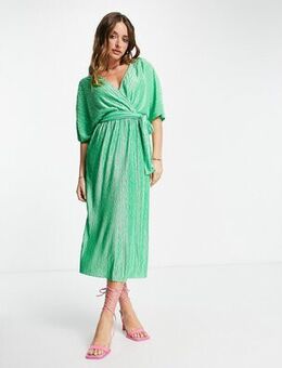 Recycled plisse wrap midi dress in green