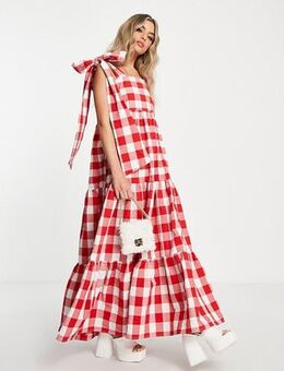 Tiered maxi dress in red gingham with bow back straps
