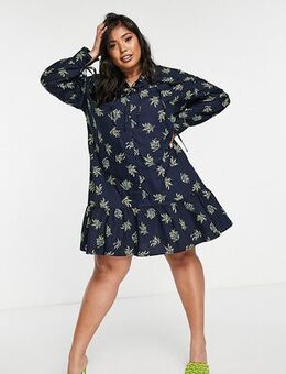 Mini smock dress with exaggerated collar in botanical print-Navy