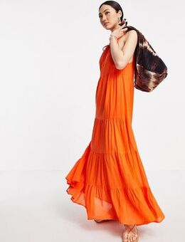Tiered halter neck maxi dress in orange