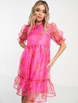 Smock mini organza dress in happy heart print-Pink