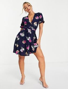 Wrap front mini dress in navy floral