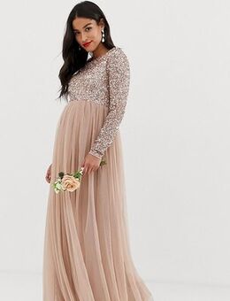Bridesmaid long sleeved maxi dress with delicate sequin and tulle skirt in taupe blush-Brown